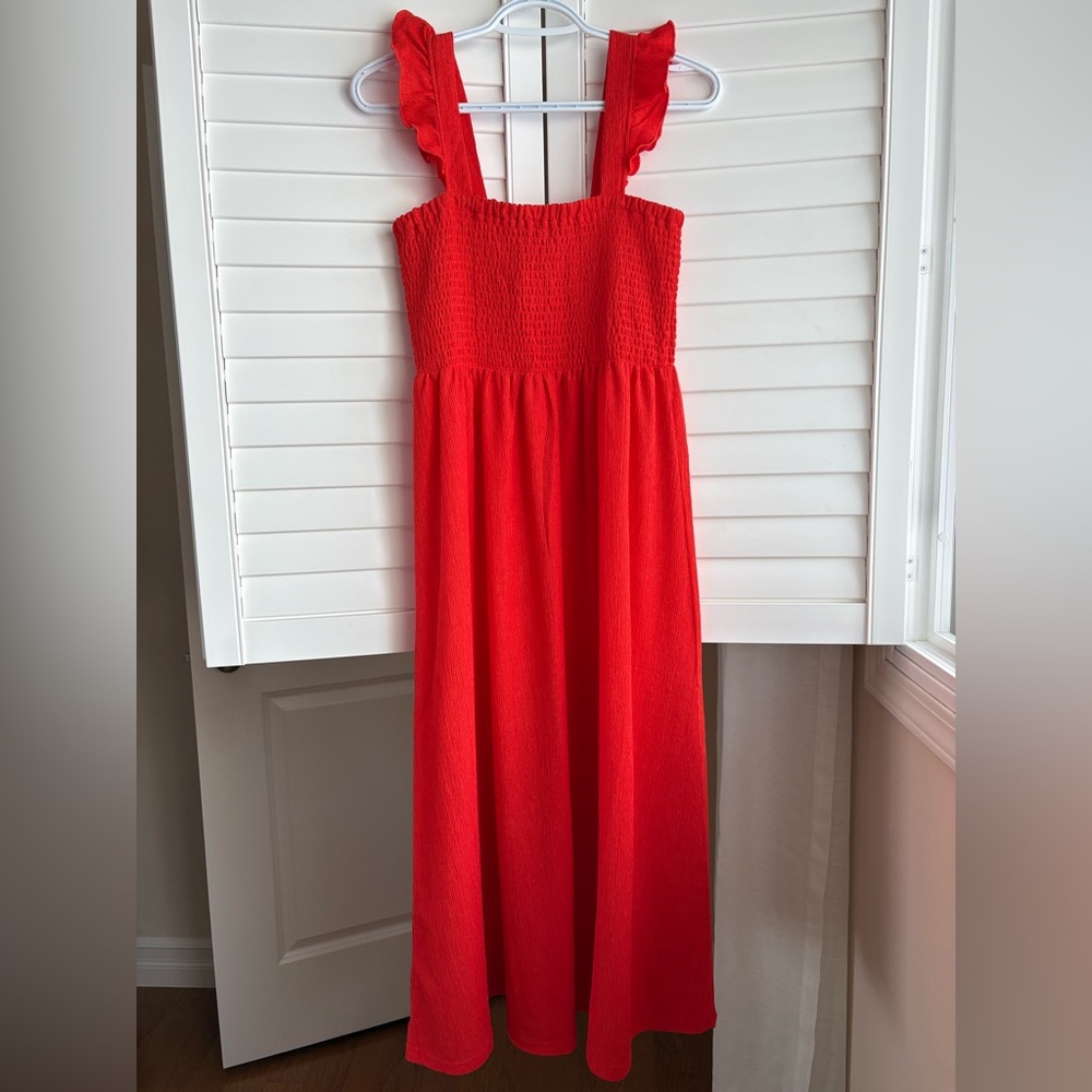 Smocked sleeveless maxi dress, red, size medium